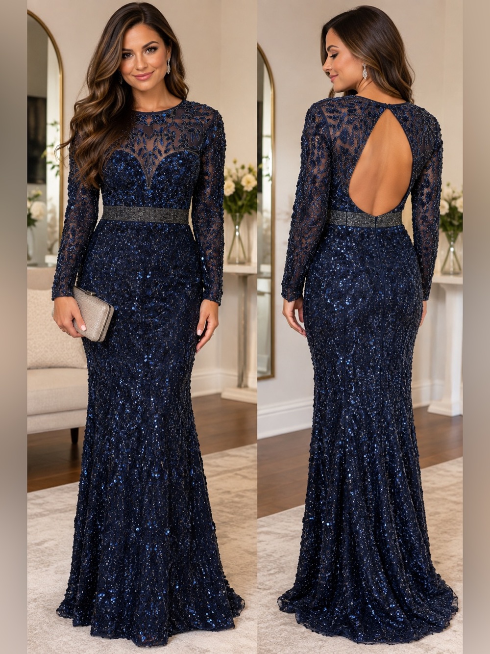 Mac Duggal Navy Sequin Beaded Long Sleeve Open Back Gown Size 12